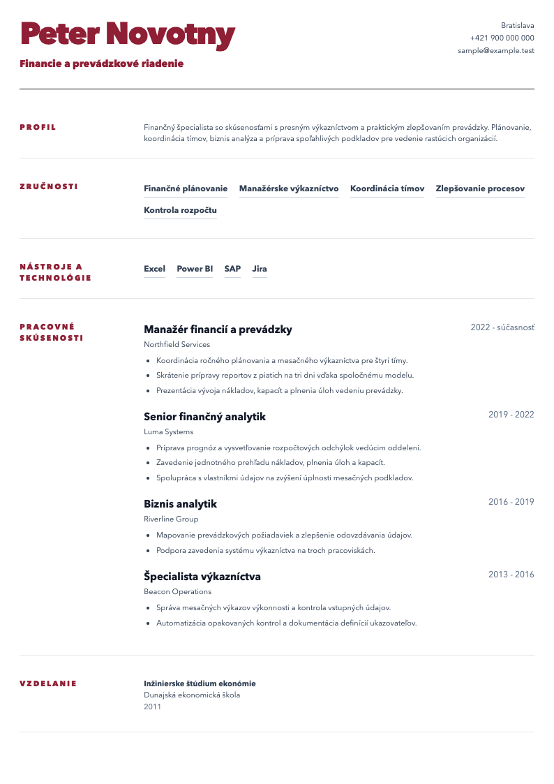 Ukážka CV vo formáte Swiss Minimalist