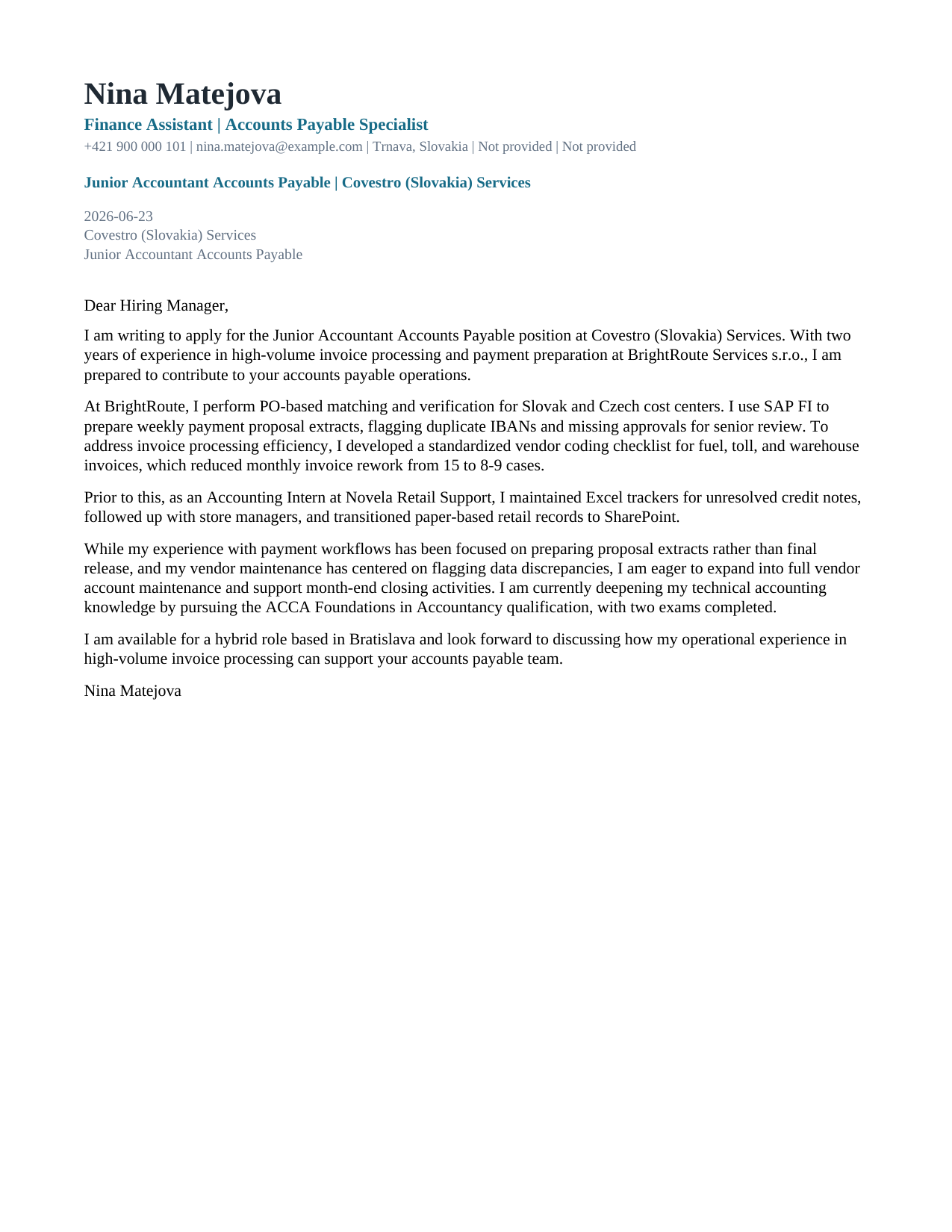 Preview of the Modern Accent cover-letter format